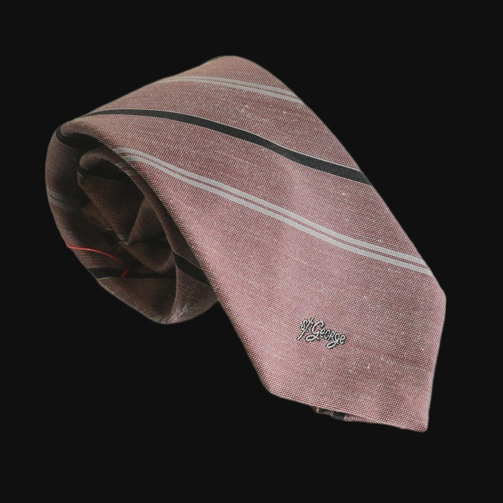 80s Vintage Mauve Logo Embroidered Silk Slim Necktie Pink Slate Diagonal Striped